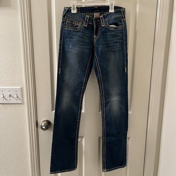 True Religion Billy Super T Jeans Think Tan Stitching USA Y2K Women's Size 27 - Picture 2 of 16